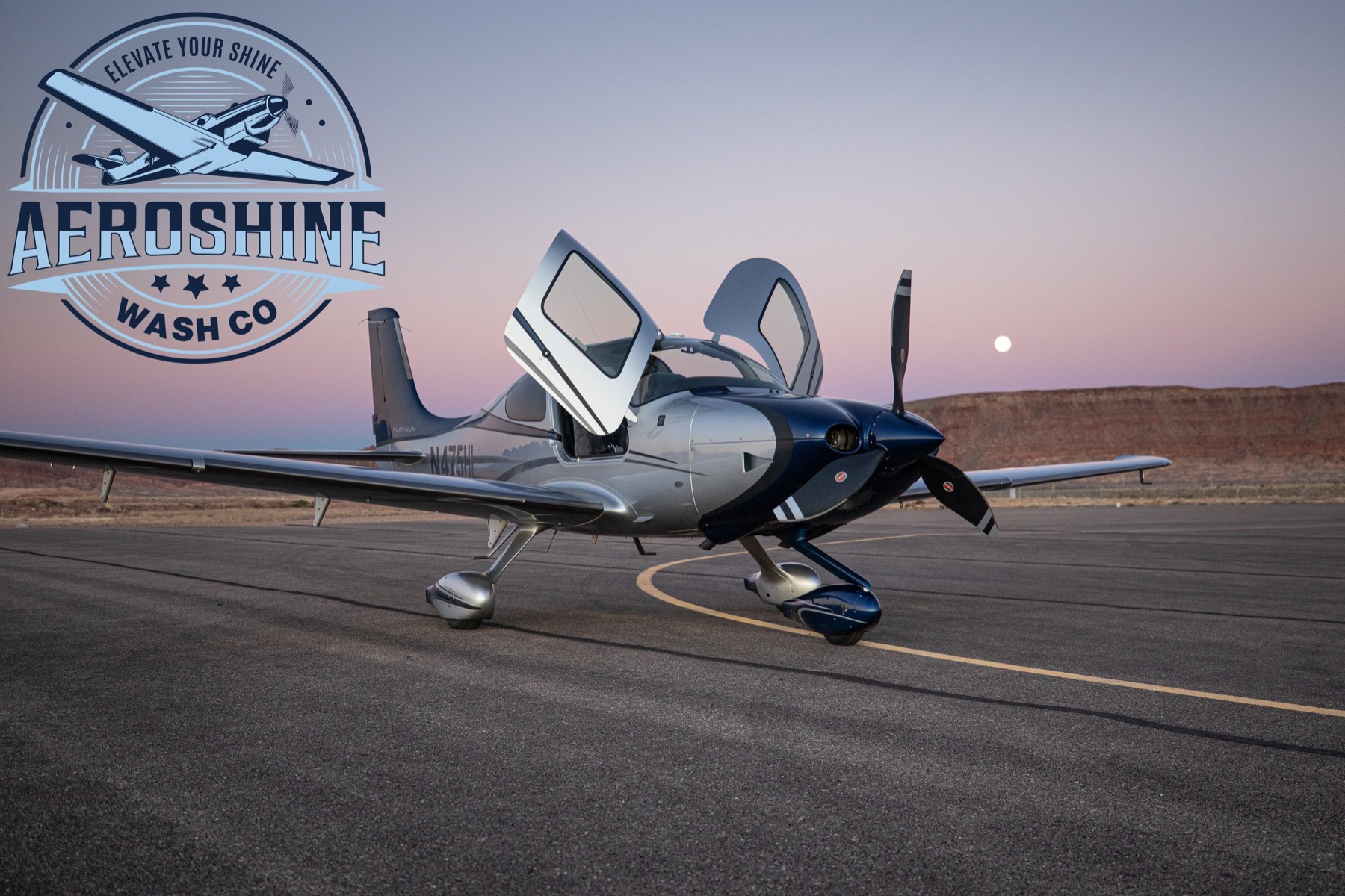 Aeroshine Wash Co. badge over a freshly detailed Cirrus SR22 at dusk, tail number N475HL