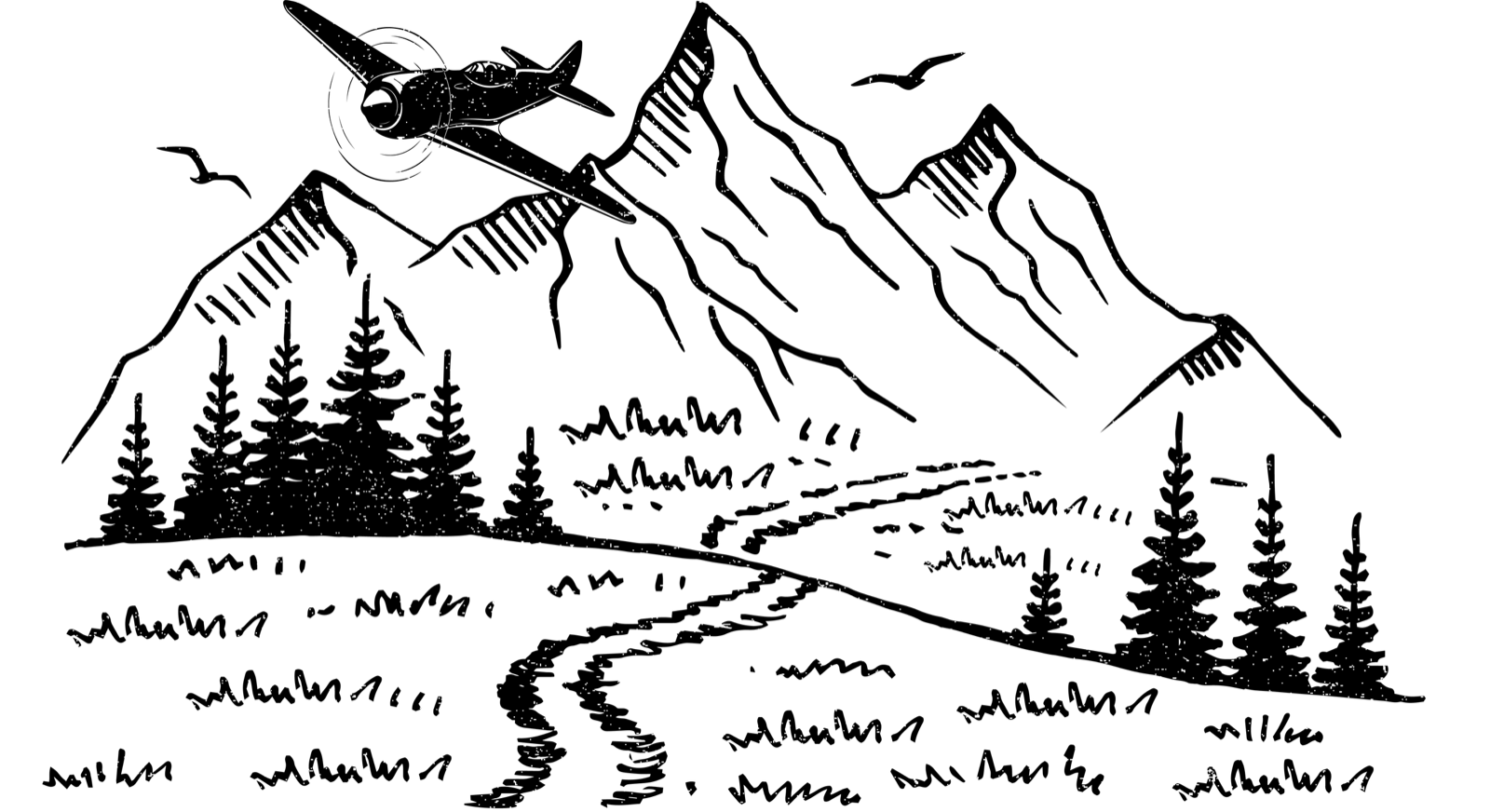 Line-art illustration of a plane flying over the mountains